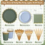 Mimorou 169 Pcs Blue and Sage Green Plates and Napkins Party Supplies for Guests Dusty Blue Tableware Include Scalloped Plates Paper Napkin Cup Spoon Fork Knife for Baby Shower, Wedding, Birthday - Image 3