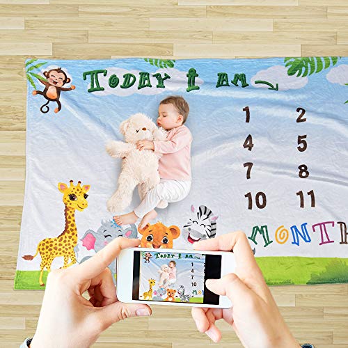 WERNNSAI Jungle Safari Milestone Deken - 150 × 100 cm Fleece Kwekerij Bed Deken Gedrukt Giraffe Aap Olifant Pasgeboren Baby Deken Fotografie Achtergrond Props - Afbeelding 7