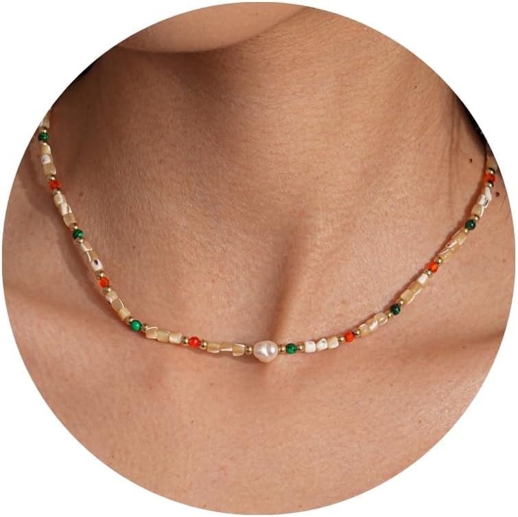 Beaded Necklaces for Women-Colorful Beaded Necklace Gemstone Choker Natural Stone Pearl Necklaces for Women Summer Boho Beach Handmade Jewelry