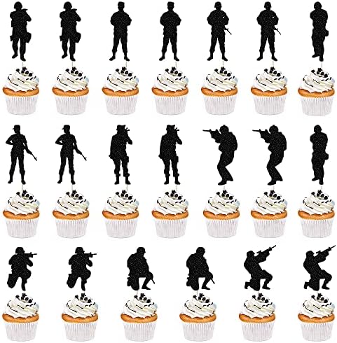 Qertesl 20PCS Military Themed Cupcake Toppers，Military soldier birthday cake decoration，Veteran's Day Cake Topper，Men's Birthday Party Decorations supplies.