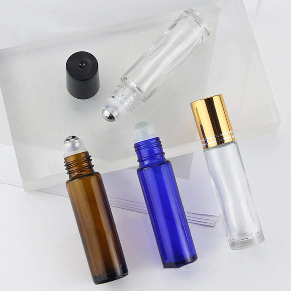 15pcs 10ml Refillable Roll on Bottles for Essential Oils and Lipsticks, Glass Oil Roller Bottles with Leak-proof Aluminum Caps, for Daily Use and Sample Displays