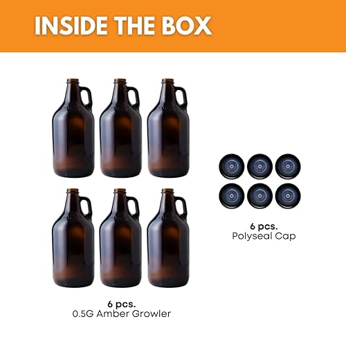 Miniatura 2 de FastRack Growlers ámbar de 1/2 galón (caja de 6), 64 onzas, marrón con 6 tapas de Polyseal