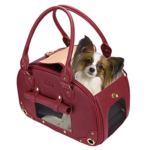 PetsHome Dog Carrier Purse, Pet Carrier, Cat Carrier, Foldable Waterproof Premium Leather Pet Travel Portable Bag Carrier for Cat and Small Dog Home& Outdoor Wine Red