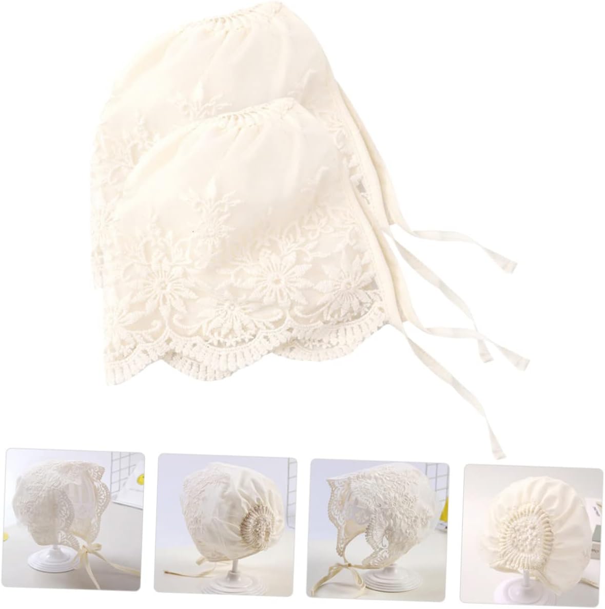 Baby Girl Lace Bonnet with Tie Closure 2Pcs Beige Newborn