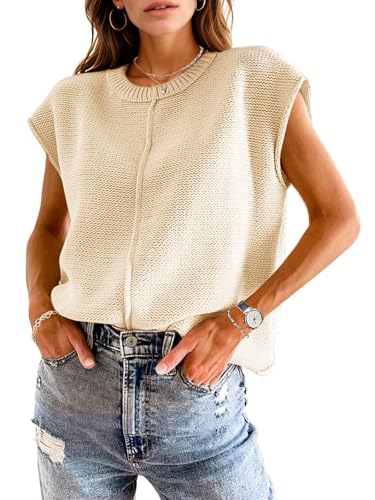 Womens Trendy Cap Sleeve Tops Loose Fit Crewneck Sweater Vest Soft Knit Tank Top Cute Shirts Spring Summer Tops