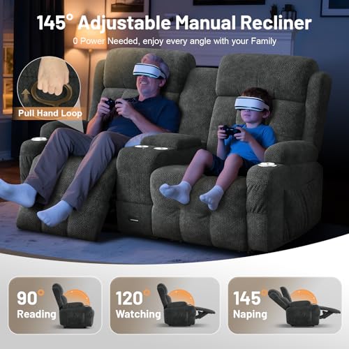 Image of Loveseat Recliner Sofa, Home Theater Seating with Massage, Reclining Loveseats with Console, Wall Hugger RV Couch Movie Theater Chairs, RV Furniture Sofas with USB, Cup Holders, Drawer for Gaming Room