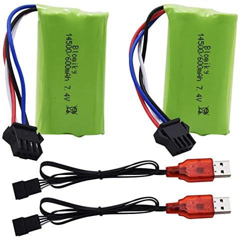 Blomiky 2 Pack 7.4V 2S 600mAh Li-ion Rechargerable Battery with SM-4P Plug and Charger Cable Compatible with Some Water Ball Blasters and DE85 RC Cars/JF-71A Battery Cover