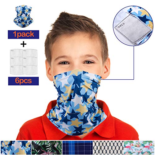 HUSTON LOWELL Máscara de pañuelo con filtros de Aire,multifunción Bufanda pañuelo para Hombre y Mujer y niños (Niños, Azul Estrellas 1 + 6?niños?)
