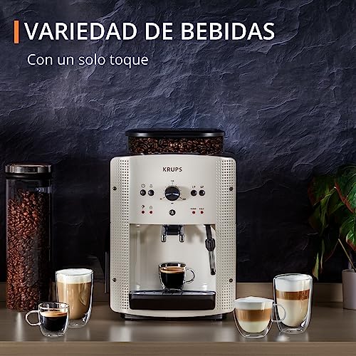 Krups Roma - Cafetera superautomática 15 bares de presión, 3 niveles intensidad café, cantidad ajustable 20 a 220ml, limpieza y descalcificación automático, molinillo integrado EA8105