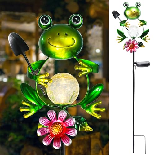 Bshine Frog Solar Light Outdoor Garden, Cracked Glass Metal Solar Garden Stakes for Pathway...