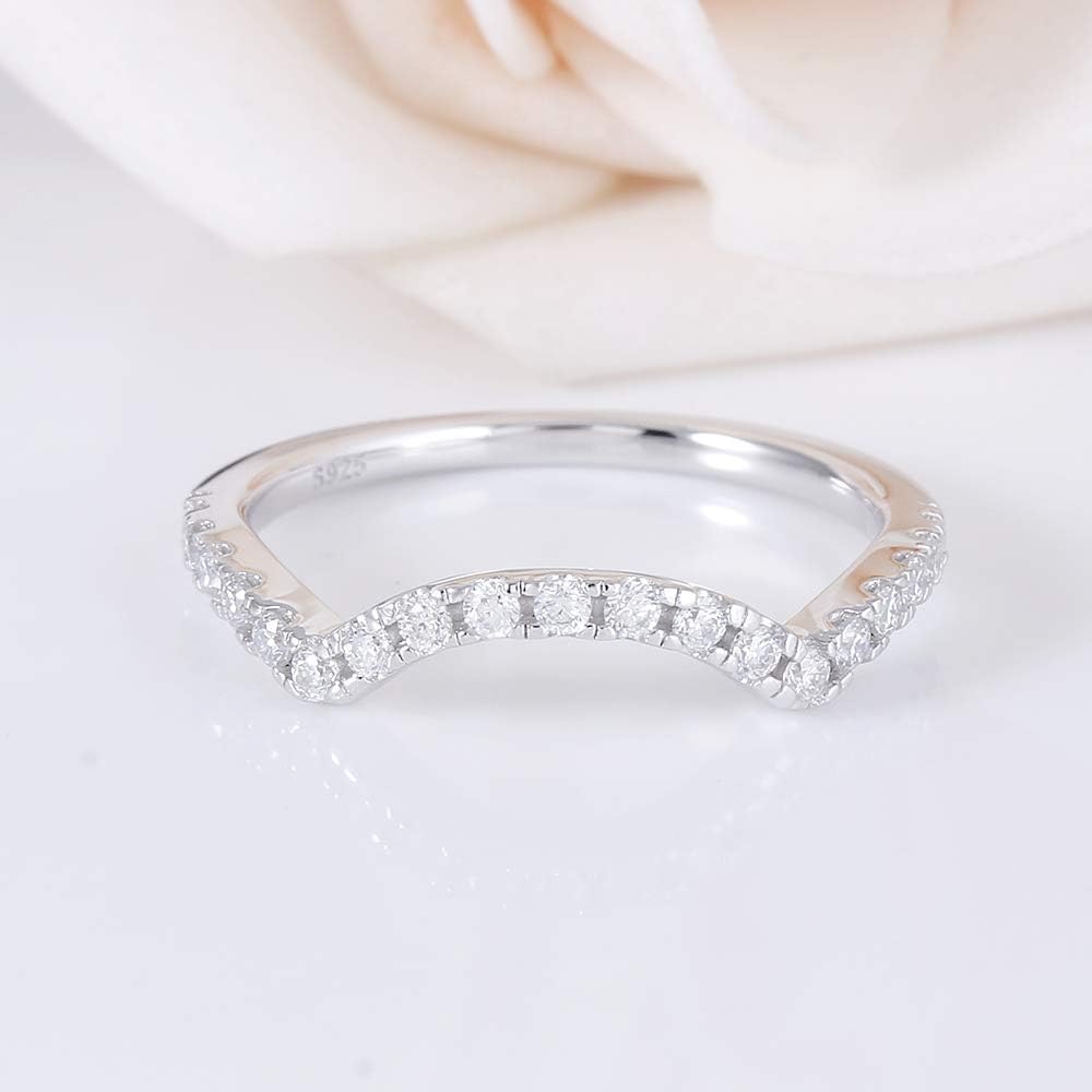 DovEggs Moissanite Wedding Band Half Eternity Band for Women 1.5mm F-G-H Color Heart Arrows Cut Moissanite Stackable Curved Half Band Anniversary Ring Sterling Silver with 18K White Gold Plated