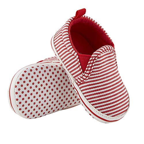 Image of Stephan Baby Non-Slip Canvas Shoe-Style Foot Finders, Stripes, Red & White, Fits 6-12 Months