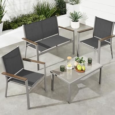 Best Choice Products 4-Piece Outdoor Textilene Patio Conversation Set, Backyard Furniture w/Loveseat, Coffee Table, Steel Frame - Taupe/Charcoal