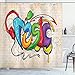 Produktbild ABAKUHAUS Retro Duschvorhang, Musik Graffiti Hip Hop, mit 12 Ringe Set Wasserdicht Stielvoll Modern Farbfest und Schimmel Resistent, 175x200 cm, Beige Mehrfarbig