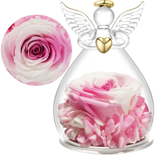 Yamonic Regali Natale Donna Rosa Stabilizzata Vera Regalo Donna,Rosa Eterna in Angel Cupola Regalo MammaNatale,Figurine di Angeli Regali Nonna,San Valentino Festa della Mamma Angelo Custode per Lei