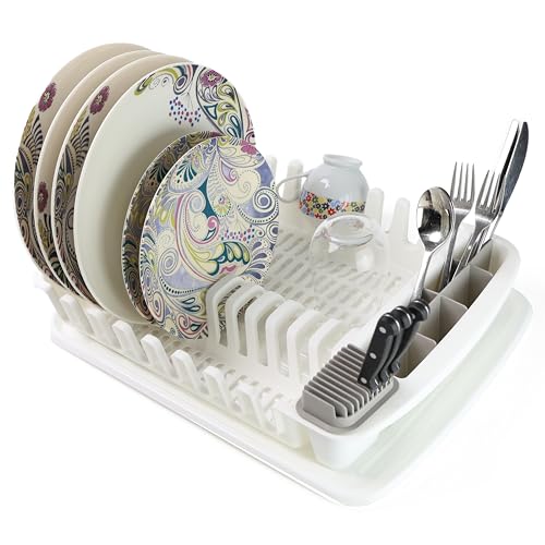 DIVCHI Dish Drainer Plastic Dish Drying Rack Sink Drainer With Cutlery Cup Utensil Holder For Kitchen Counter (White)