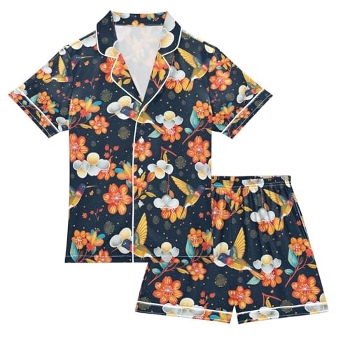senya Flower on Bird Satin Summer Pajama Sets Silk Short Sleeve Button Down Sleepwear