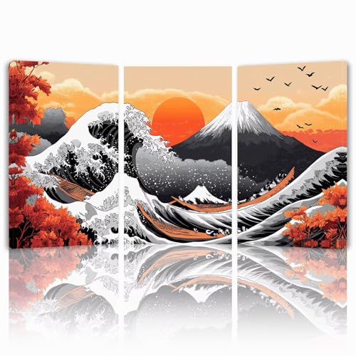 Cuadros Decoracion Salon Modernos, 3 Pcs Marco de Madera Cuadros Atardecer Posters para Pared Lienzo Pintura Ondas Wall Art Imagen Decoracion Dormitorios Cocina Baño Pasillo Pared 25x35 cm 1f-644