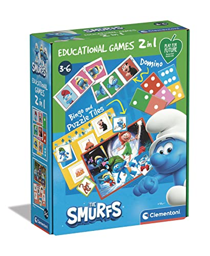 Clementoni Educational Games-2 in 1 The Smurfs-Juego Educativo 3 años (Italiano, Inglés, Francés, Alemán, Español, Holandés Y Polaco), Made In Italy, Multicolor (18285),Exclusivo en Amazon