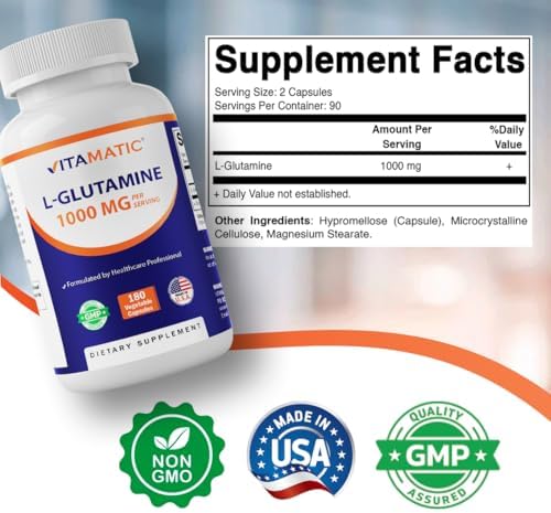 Vitamatic L-Glutamine 1000 mg Per Serving, 180 Vegetarian Capsules, Non-GMO, Gluten Free, Amino Acid Supplement, Made in the USA — 사진 2