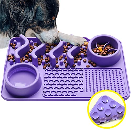 Tdzwin Licking Mat For Dogs, Upgraded 3 In 1 Slow Feeder Dog Bowls Dog Licking Mat With Suction Cups Dog Slow Feeder Bowl For Anxiety Relief Perfect For Dog Food, Yogurt Bpa Free Size 12''X8''(Purple) #TOP11