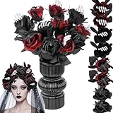Suncalla 12 Pcs Halloween Artificial Roses Bouquet Long Stem Faux Red and Black Roses Bundles Fake Flowers with Skeleton Spider Halloween Floral Picks for Vase Arrangements Table Decorations