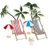 Décoration miniature de plage : avec ses mini palmiers, parasols, transats, boissons et table basse ronde, cet ensemble en résine apporte une touche décorative idéale pour la plage ou un coin détente avec un petit palmier