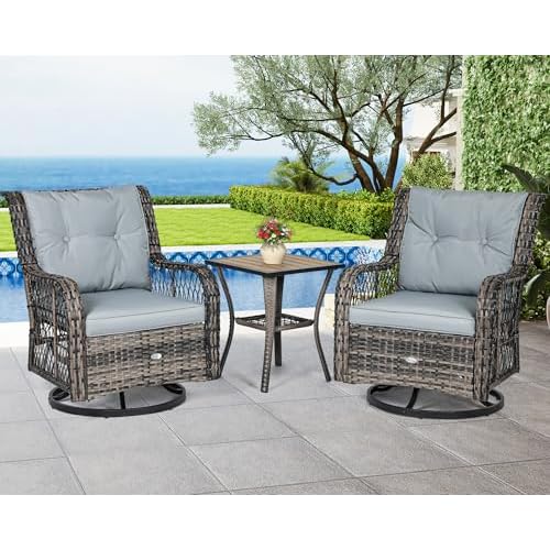 YITAHOME 3 Piece Patio Outdoor Swivel Glider Rocker Wicker Patio Bistro Rocking Set with Wood-Grain Table for Garden, Backyard and Balcony (Gray) Grey