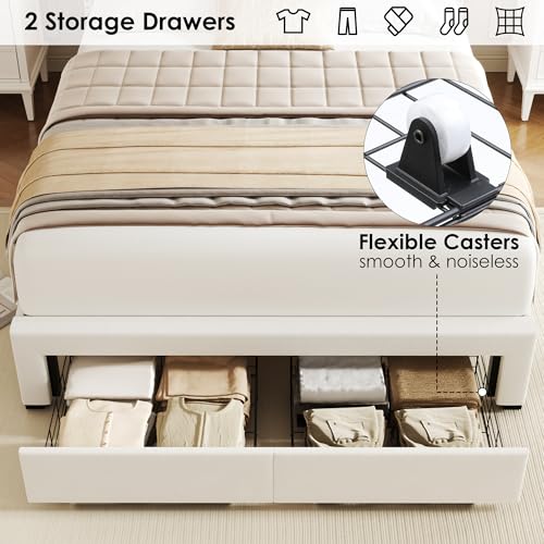 HIFIT Queen Bed Frame with Storage Headboard, Velvet Platform Bed Frame with Drawers & LED - Beige