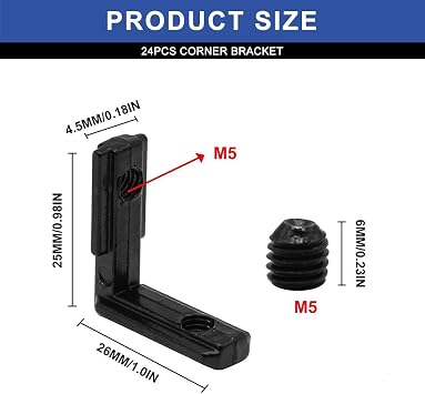 Black 26pcs 2020 Extrusion Connector Bracket Joint Extruded Aluminum Hardware T-Slot Accessories V-Slot with Screws for 2020 Aluminum Profile 3D Printer Accessories