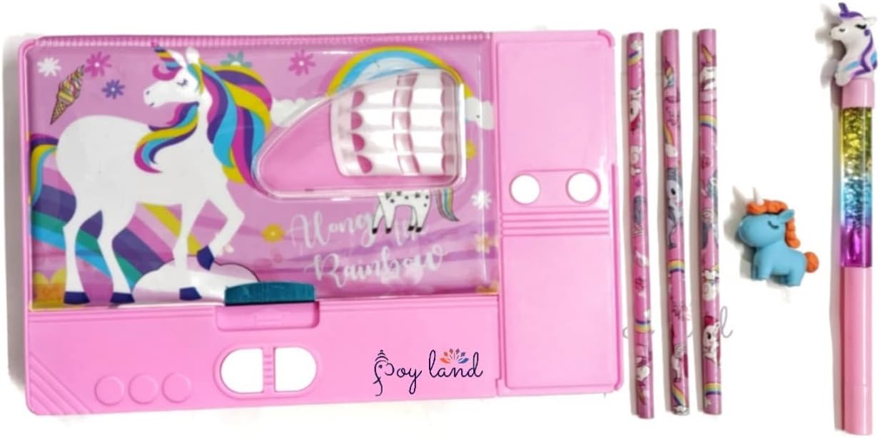 JOY LAND Unicorn Double Sided Jumbo Magnet Pencil Geometry Box and 3 pencil, 1 Eraser, 1 Pieces Glitter Pen Combo for Girls (Random Design, Pink)