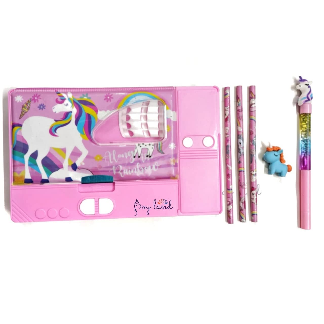 JOY LAND Unicorn Double Sided Jumbo Magnet Pencil Geometry Box and 3 pencil, 1 Eraser, 1 Pieces Glitter Pen Combo for Girls (Random Design, Pink)