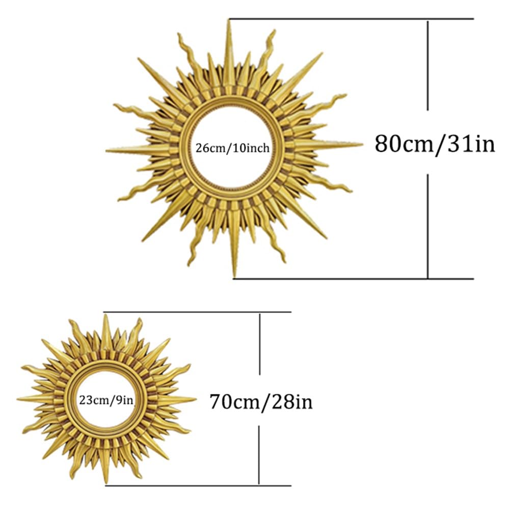 Antyczne Złote Lustro Ścienne, Okrągłe Lustra Sunburst Lustro Wiszące do Łazienki Sypialnia Pokój Dzienny Ozdobne Dekoracje w Stylu Vintage(70cm/28in)