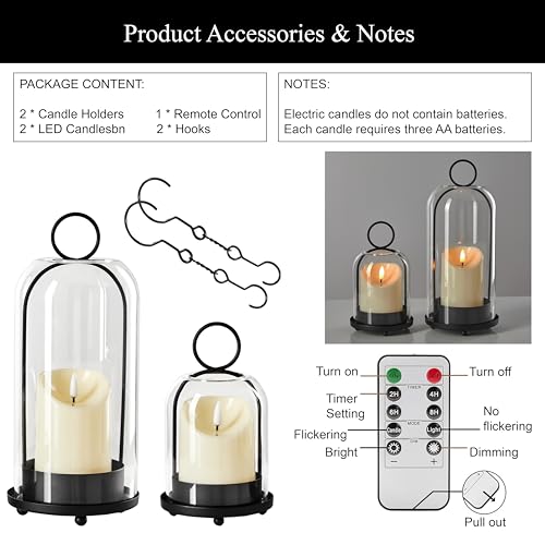 Ganwu 5\"&4\" Metal Candle Holder with Handmade Glass Dome in Brass & 2 Timer Candles, Set of 2 Versatile Hurricane Glass Candle Holders for Pillar Candles & Plants