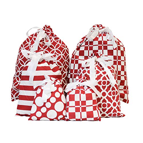 6 Red Elegant Fabric Christmas Gift Bags for Xmas Party Favors, Holiday Gift Giving, Goody Bags, Holiday Presents Décor, Giant Gifts Decorations