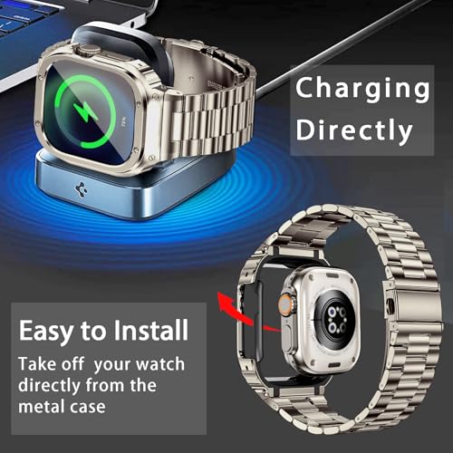 Image of MioHHR Stainless Steel Band and Case Compatible with Apple Watch Band 49mm | Men Metal Protective Bumper Cover with Straps for iWatch 49mm Series Ultra 3, Ultra 2, Ultra, Titanium Color