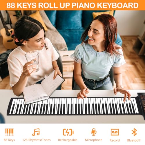 Roll Up Piano Keyboard, 88 Tasten Rollpiano Unterstützt MIDI mit 128 Tönen und Rhythmen/20 Demo/Fußpedal/Bluetooth, Elektronisches Keyboard Klavier für Kinder Erwachsene Anfänger Geschenk