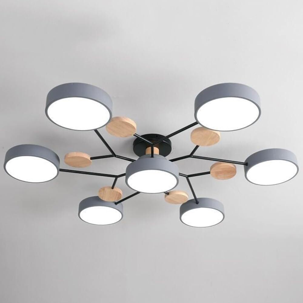 Plafonnier LED Spoutnik en bois gris à 7 lumières pour salon nordique