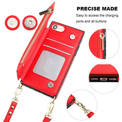 Bocasal Crossbody Wallet Case For Iphone Se 2022/Se 2020/7/8 With Card Holder,Zipper Card Slot Protector Shockproof Purse Cover With Removable Cross Body Strap 4.7 Inch(Red) #TOP5
