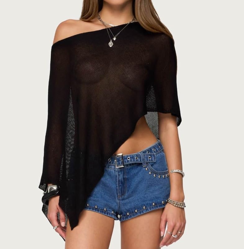 NUFIWI Women Knit Poncho Tops Sheer See Through Lightweight Shawl Summer Shrug Asymmetrical Hem Beach Cover Ups - Image 4