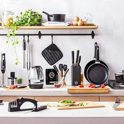 MasterChef Knife Set with Block 5 Kitchen Knives with Sharp Stainless Steel Blades (Paring, Utility, Carving, Bread, Chef) Japanese-Style Handles & Universal Holder, Plastic, Black