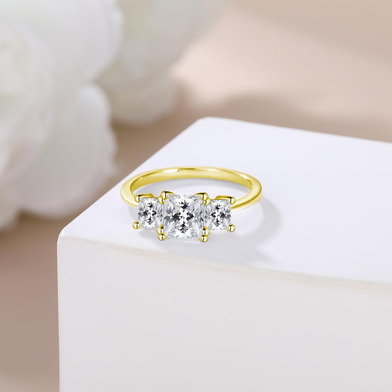 Princess Cut Moissanite Engagement Rings for Women, Three Stone Moissanite Engagement Ring for Women Anniversary, Yellow Gold Princess Cut Wedding Engagement Ring, Customizable 10K Gold/14K Gold/18K Gold/925 Sterling Silver