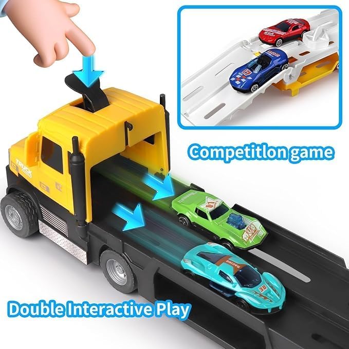 Image of Big Hauler Storage & Deform Truck Toy with 55 inch 2 Ejection Race Track & 6 Cars- Catapult Truck with LED Light & Music for Kids (Yellow)