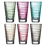 Lieferumfang und Maße: 6 Getränke-Gläser, Maße pro Glas: 12,5 x 7,5 x 7,5 cm (HxBxT), 335 g, 200 ml Nutzinhalt, 280 ml randvoll, rot, lila grün, türkis, braun, grau