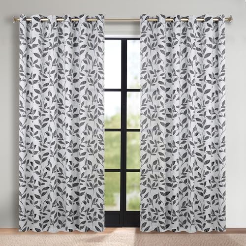 Superior Semi Blackout Curtains - Modern Leaves - 52" x 120" - Grommet Header - Thermal Insulated, Sun Blocking & Room Darkening Drapes for Bedroom, Living Room - Set of 2 Panels - Silver Black
