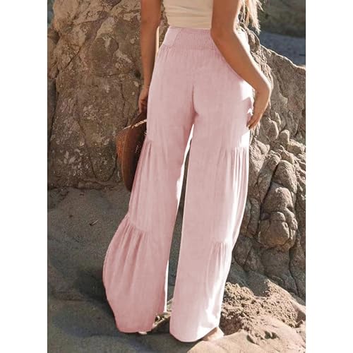 Womens Cotton Linen Wide Leg Flare Pants Fashion Belted High Waisted Layered Smocked Ruffled Solid Lounge Trousers3