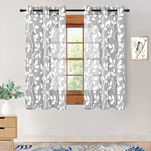 XTMYI Gray and White Sheer Curtains, Light Grey Leaf Pattern Window Drapes for Living Room Bedroom, 63 Inch Length