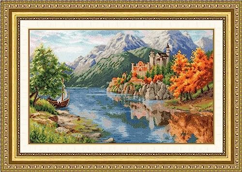Kit broderie point de croix paysage pour adultes grand format 36x42 cm motif château rivière
