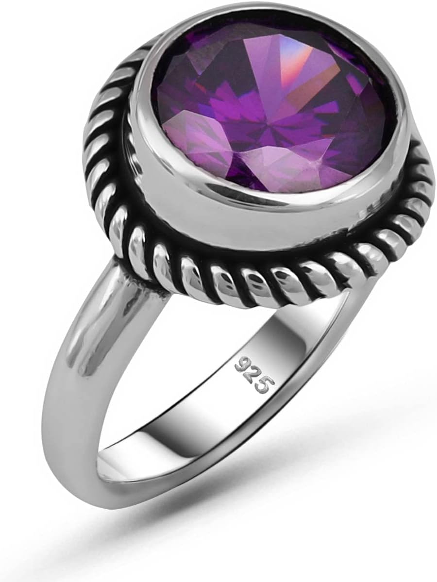 Genuine Solid 925 Sterling Silver Round Shape Brilliant Cut Cz Cubic Zirconia Simulated Purple Amethyst Color Stone Luxury Statement, Anniversary, Birthstone or Gift for All Occasions Dainty Ring for Women