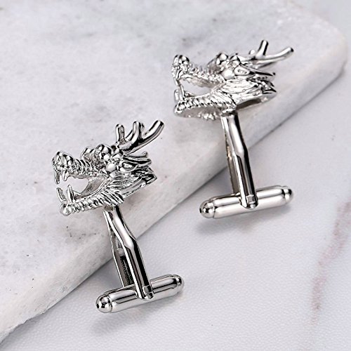 Mancuernillas de acero inoxidable con diseño dragón chino plateado miniatura 3